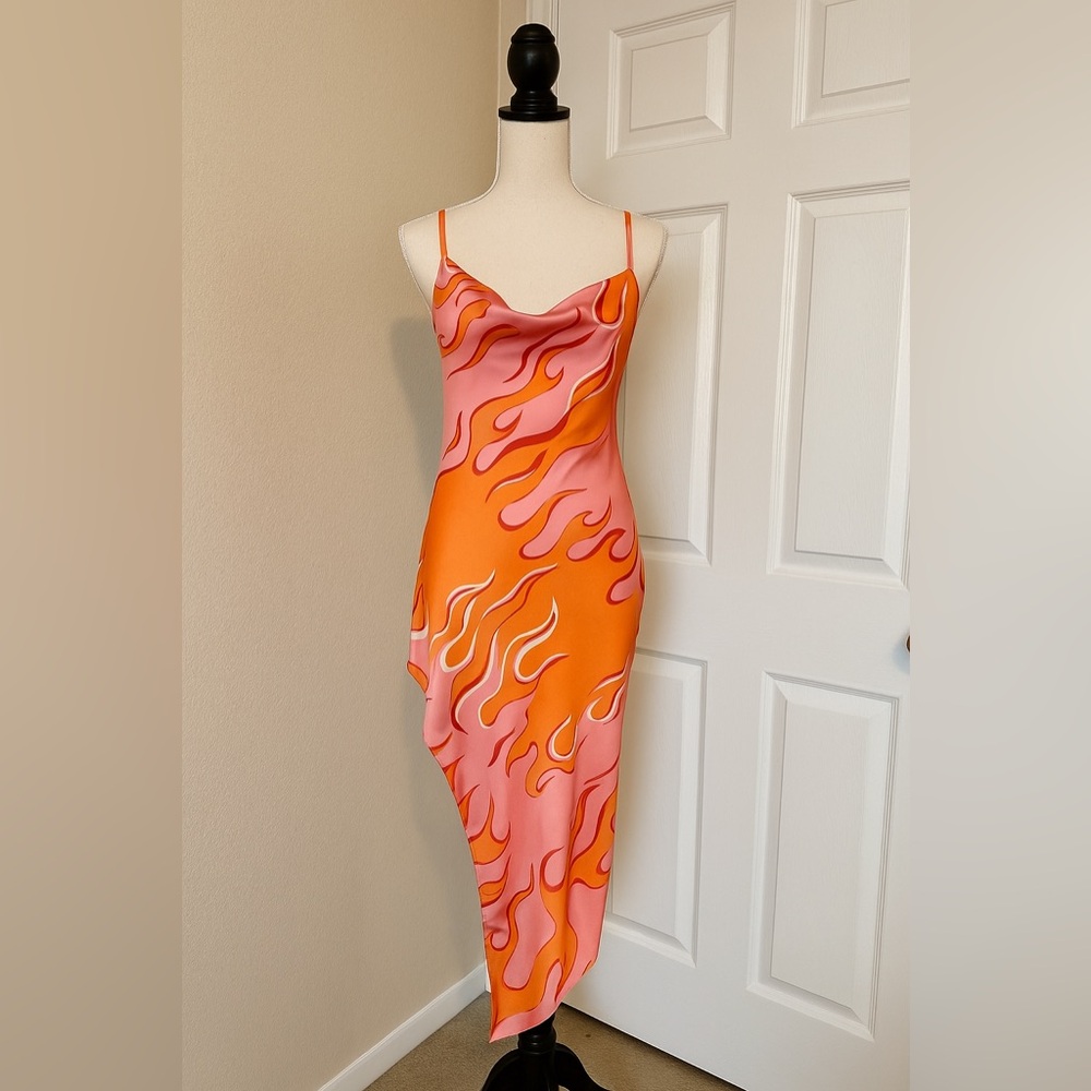 🔥 PINK & ORANGE FLAME PRINT ASYMMETRICAL SLIP DRESS – STATEMENT PARTY DRESS 🔥